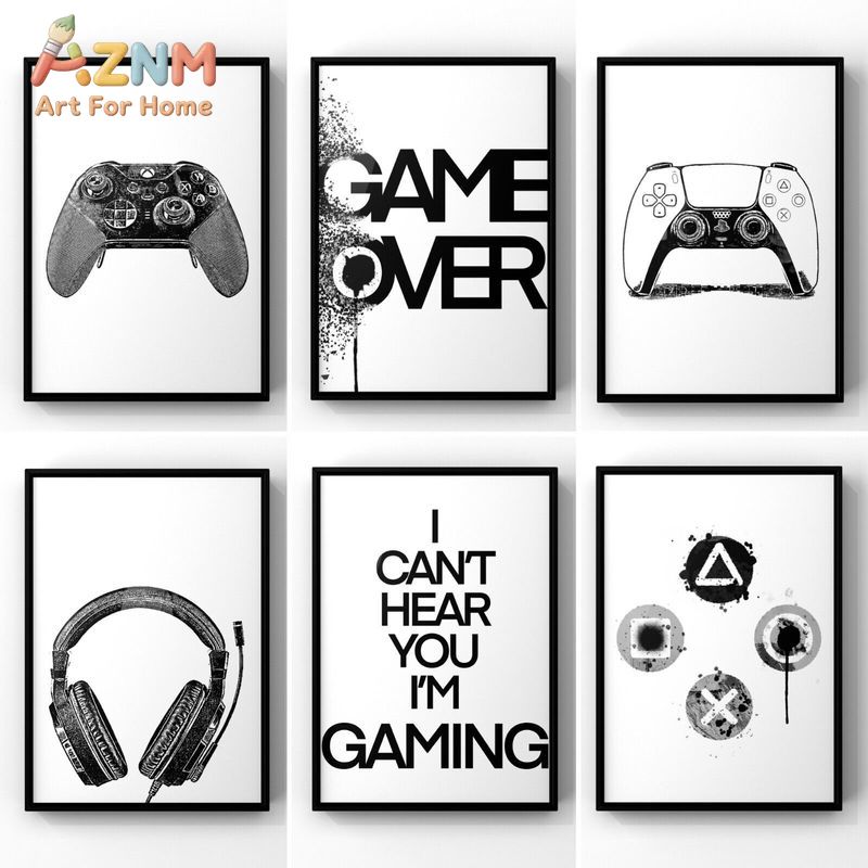 Gaming Accessories For Room - AZNM Black White Gaming Canvas Wall